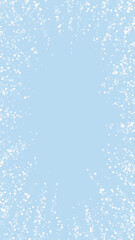 Snowfall overlay christmas background. Subtle flying snow flakes and stars on light blue winter backdrop. Festive snowfall overlay. Vertical vector illustration.