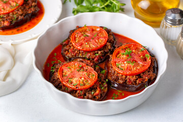 Traditional, delicious Turkish food, eggplant dish. Turkish name; Patlican oturtma