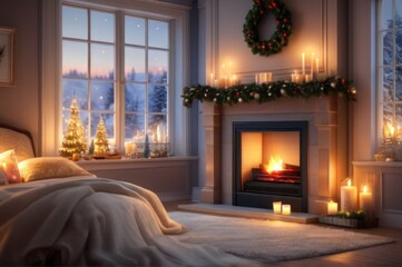 cozy domestic christmas interior with window, bed, candles and fireplace