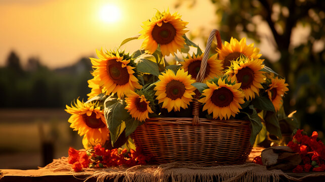Close-up of beautiful yellow sunflowers in a wooden wicker basket with a blurred background. Image for the calendar. Natural floral background.