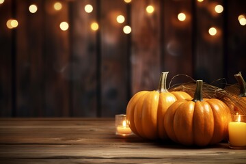 Thanksgiving Pumpkins On Rustic Table With Candles Generative Ai