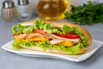 Cheese, ham, lettuce and tomato slices in an appetizing tasty sandwich.