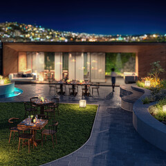 Visualization of an Exterior Pub & Patio Restaurant Area on the Hills of Big City (Detail) - 3D Visualization