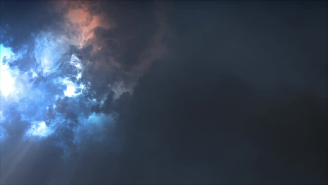 Lightning discharge and light effects in the clouds. Thunderclouds in bright flashes of lightning. Bad weather. Looped
