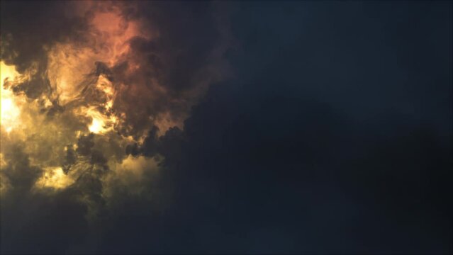 Lightning discharge and light effects in the clouds. Thunderclouds in bright flashes of lightning. Bad weather. Looped
