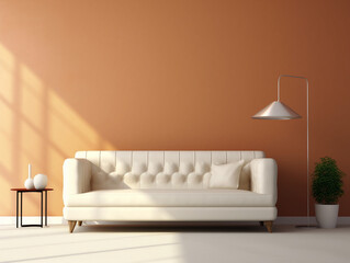modern interior of the living room or reception room, white sofa with a floor lamp on the background of an orange wall, sunlight