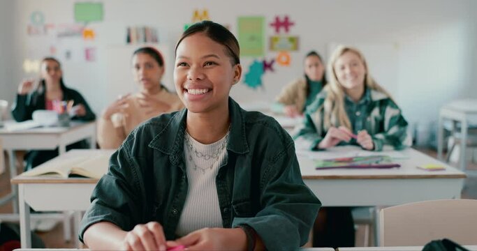 Student, education and laughing in classroom for funny teacher or question, learning and knowledge at school. College, happiness and girl enjoy study tips, teaching and exam with mentor indoor