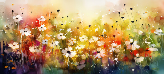 Abstract art. Colorful painting art of a spring flower meadow. Floral watercolor background. Generative AI