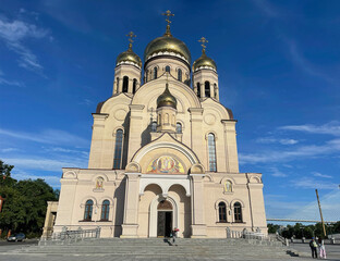 Fototapeta na wymiar Vladivostok, Russia, August, 24, 2023. New Transfiguration Cathedral on the square of Fighters for the power of the Soviets in the summer. Vladivostok, Russia