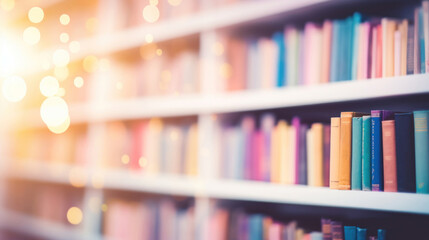 Abstract background with books on the shelves in the library with soft pastel multicolored light
