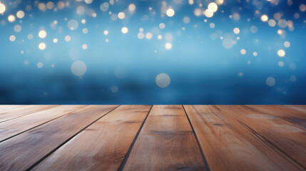 Empty wood plank table top with blur blue ocean and bokeh light. Mock up for display or montage of product. Banner or header for advertise on social media.