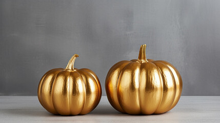 Two gold pumpkin on concrete gray background,copy space