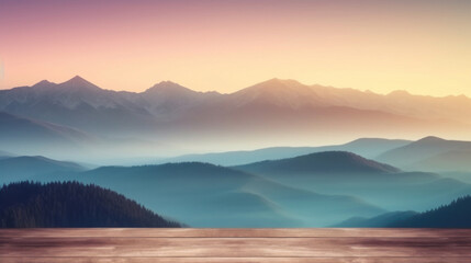 Empty wooden table top with pastel sunrise mountain blur background