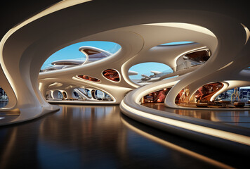 Obraz premium Beautiful modern futuristic building interior architecture. Generative AI