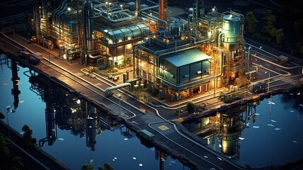 Fototapeta na wymiar A large modern industrial plant at night with reflections on wet street. Generative AI