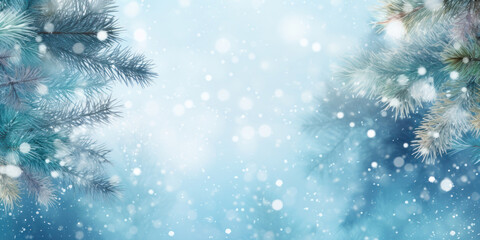 Fototapeta na wymiar Winter background with pine branches and falling snowflakes
