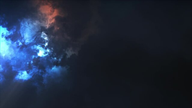 Lightning discharge and light effects in the clouds. Thunderclouds in bright flashes of lightning. Bad weather. Looped
