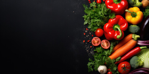 Fresh vegetables on black background. Variety of raw vegetables. Colorful various herbs and spices for cooking on dark background, copy space, banner.