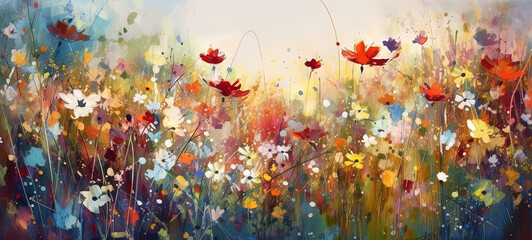 Abstract art. Colorful painting art of a spring flower meadow. Floral watercolor background. Generative AI