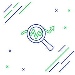Line Magnifying glass and data analysis icon isolated on white background. Search sign. Colorful outline concept. Vector