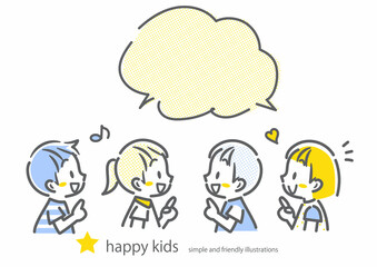 笑顔で指さす子どもたち　シンプルでかわいい線画イラスト