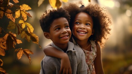 African American boy and girl hug happily amidst the beauty of a park, radiating positivity. - Powered by Adobe