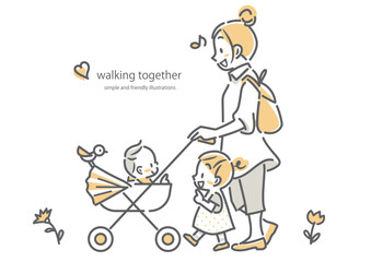親子の楽しいお出かけ　お母さんと子どもたち　赤ちゃん　シンプルでお洒落な線画イラスト
