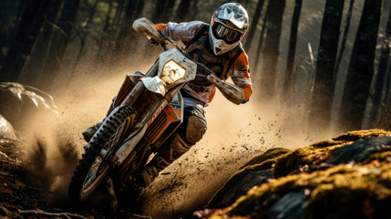 A thrilling action shot of a professional motorcyclist on an enduro motorcycle rides in the forest - obrazy, fototapety, plakaty