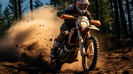 A thrilling action of a professional motorcyclist on an enduro motorcycle rides in the forest