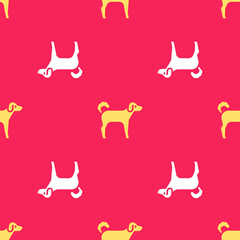 Yellow Dog icon isolated seamless pattern on red background. Vector