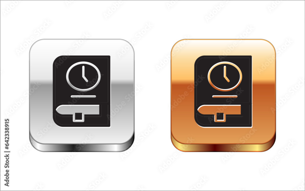 Poster Black Time for book icon isolated on white background. Silver-gold square button. Vector