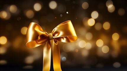 Golden Gift Ribbon with a Bow in front of a dark Background. Festive Template for Holidays and Celebrations
