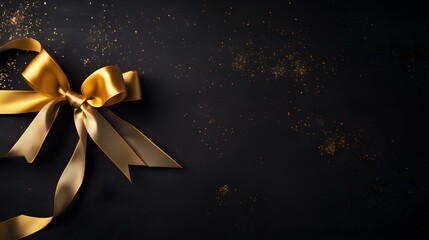 Golden Gift Ribbon with a Bow in front of a dark Background. Festive Template for Holidays and Celebrations
