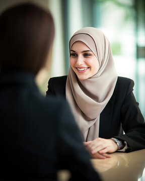 Muslim woman wearing a hijab at a job interview at an office, sitting across the table from HR and the manager. Concept of job searching and career choices for minorities. Shallow field of view.