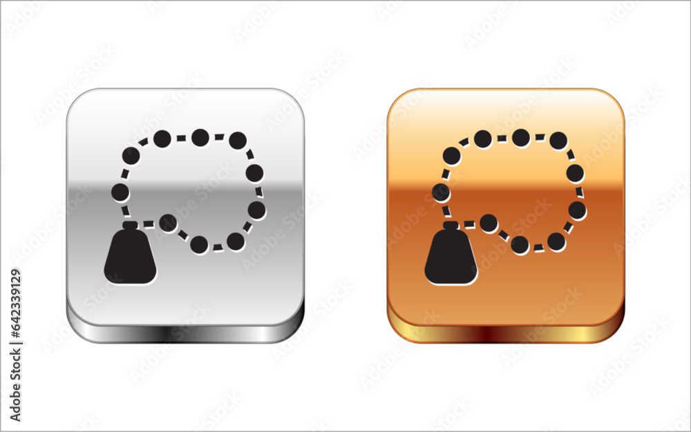 Poster Black Rosary beads religion icon isolated on white background. Silver and gold square buttons. Vector