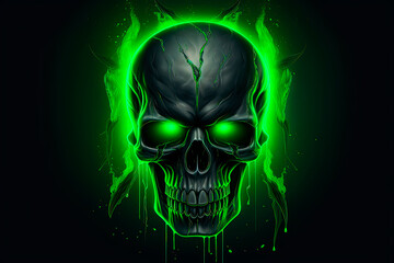 A neon skull with green eyes on a black background. Generative AI
