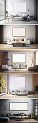 Set of canvas mockup in minimalist interior background with armchair and rustic decor, 3d render