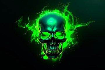A neon skull with green eyes on a black background. Generative AI