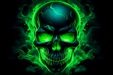 A neon skull with green eyes on a black background. Generative AI