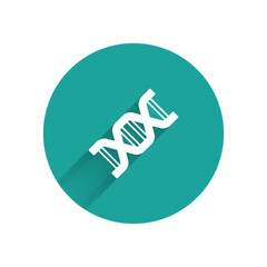 White DNA symbol icon isolated with long shadow background. Green circle button. Vector