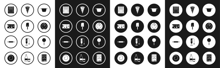 Set Cooking pot, Spatula, Cheese, Oven, Kitchen timer, Slice of pizza, Frying pan and Rolling pin icon. Vector