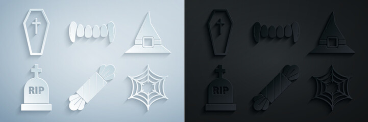 Set Candy, Witch hat, Tombstone with RIP, Spider web, Vampire teeth and Coffin christian cross icon. Vector