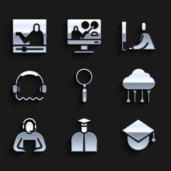 Set Magnifying glass, Student, Graduation cap on globe, Network cloud connection, Headphones, working laptop and Online education icon. Vector