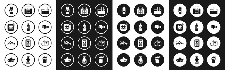 Set Swimming pool with ladder, Bottle of water, Mobile heart rate, Smart watch, Fish, Gym building, Ambulance and emergency car and Sport sneakers icon. Vector