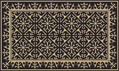 Vector golden with black Square Kazakh national ornament. Ethnic pattern of the peoples of the Great Steppe, Mongols, Kyrgyz, Kalmyks, Buryats