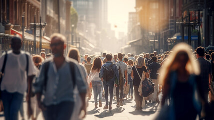 a large anonymous crowd of tourists walking through the city streets on a sunny bright day. Generative Ai
