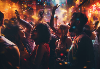 Fototapeta na wymiar A company of American African Americans having fun at a night disco in a club. Generative Ai