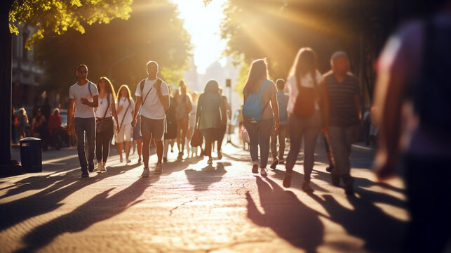 crowd of people walking along a busy street on a sunny day. Generative Ai