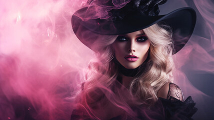 Beautiful woman in witch hat on magic pink colored smoke background. Halloween wallpaper design. Generative AI