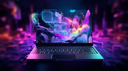 futuristic laptop technology in neon colors - ideal for cover designs, wallpapers, and modern projects - obrazy, fototapety, plakaty